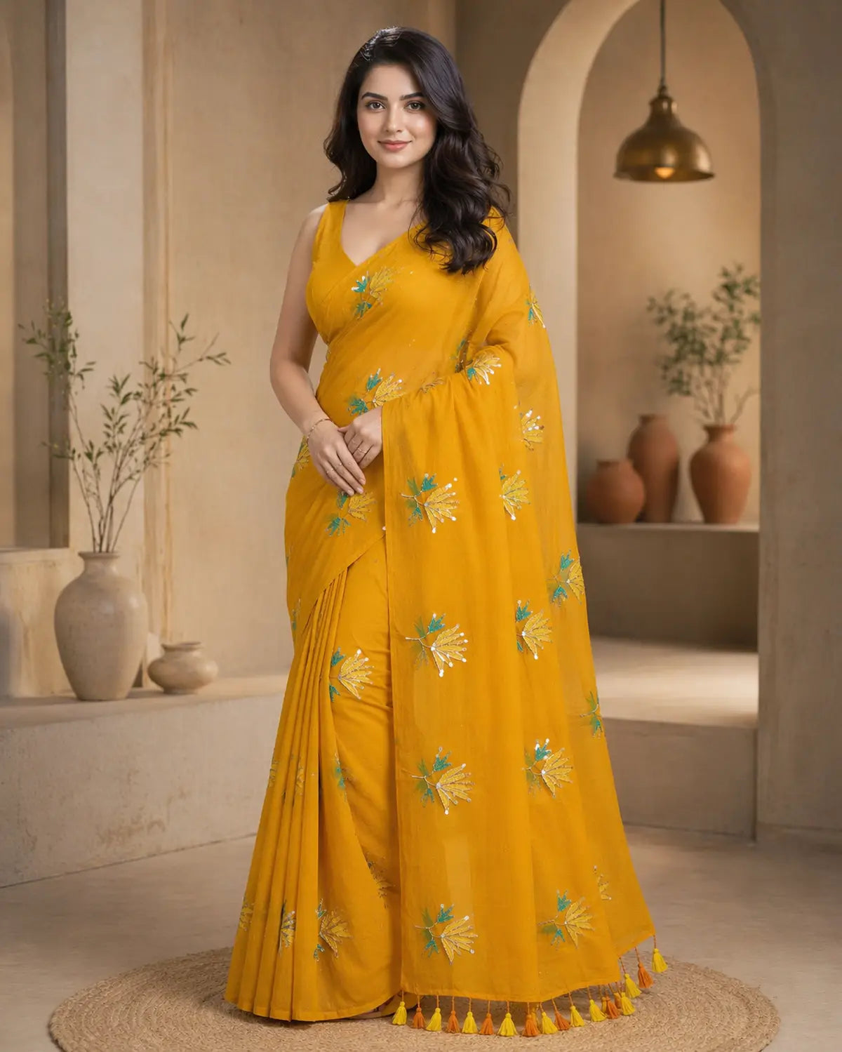 MUSTURD YELLOW LOTUS SITARA MUL COTTON SAREE