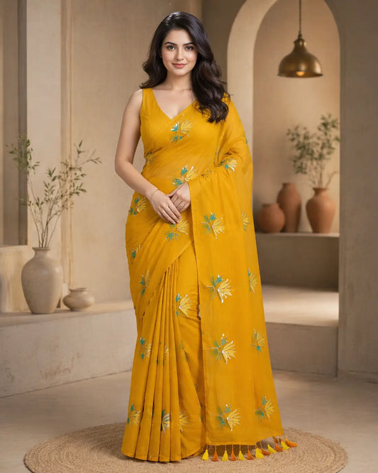 MUSTURD YELLOW LOTUS SITARA MUL COTTON SAREE