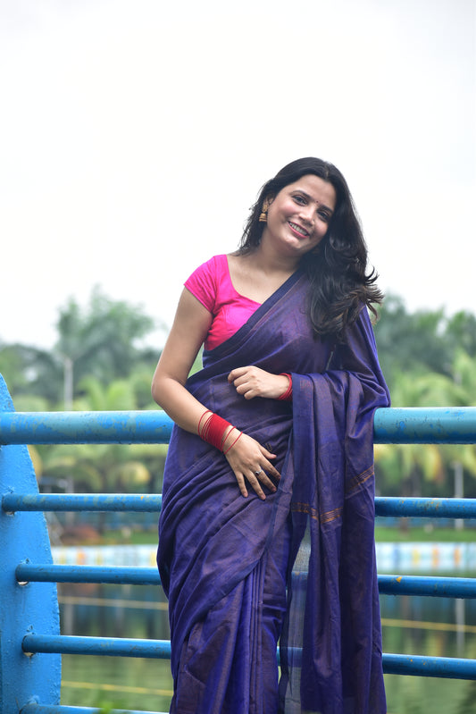 PURPLE GOLDEN STRIPE COTTON SAREE