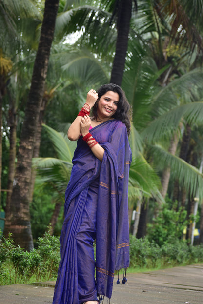 PURPLE GOLDEN STRIPE COTTON SAREE