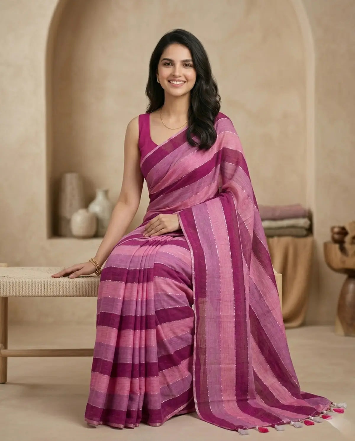RAINBOW STRIPE PINK MUL COTTON SAREE
