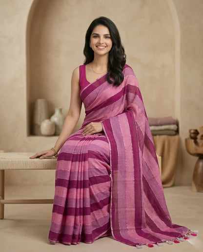 RAINBOW STRIPE PINK MUL COTTON SAREE