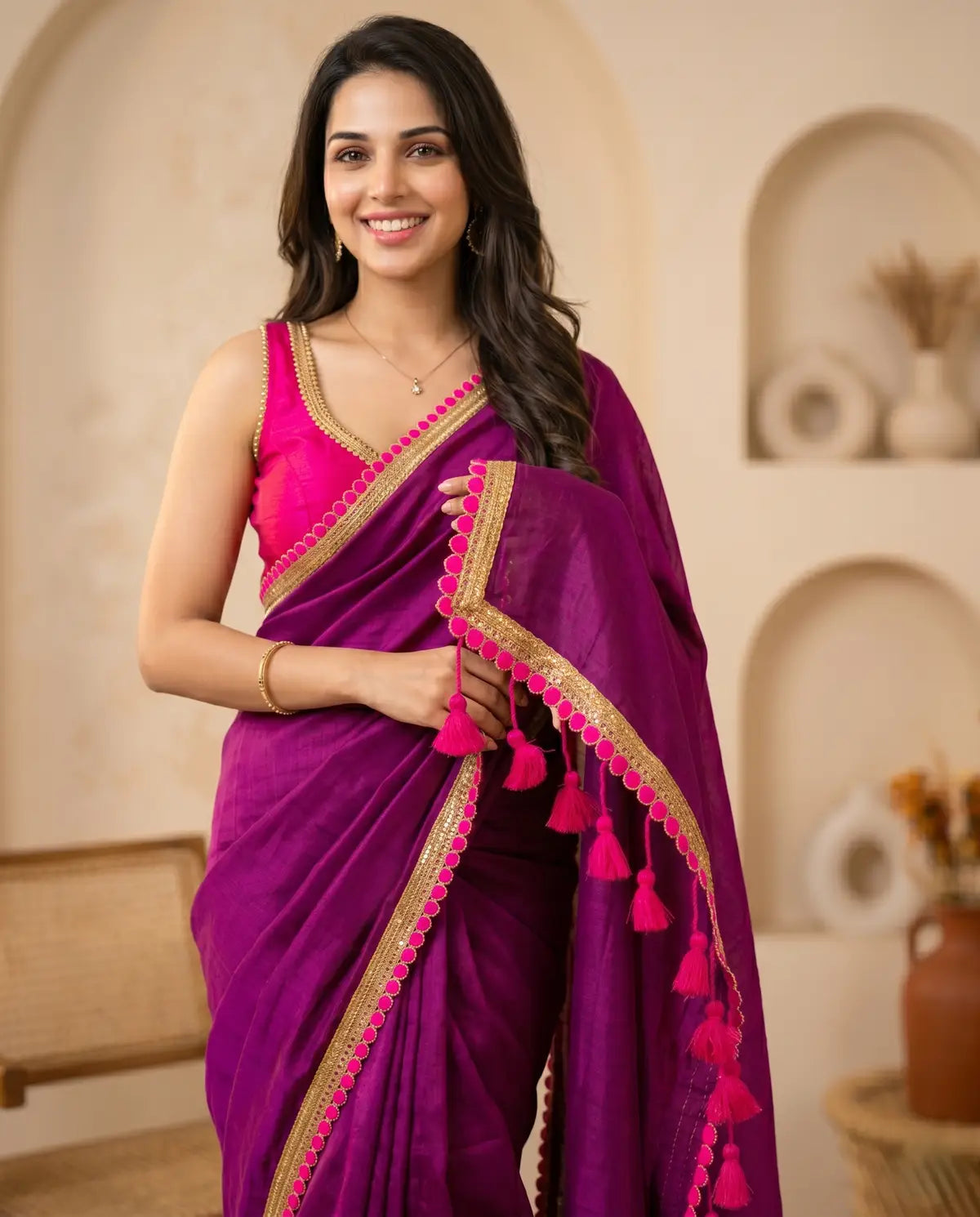 PURPLE  LACE MUL COTTON SAREE