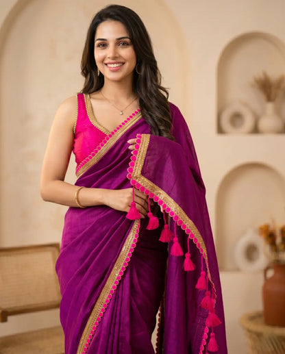 PURPLE  LACE MUL COTTON SAREE