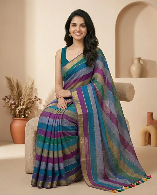 RAINBOW STRIPE BLUE MUL COTTON SAREE