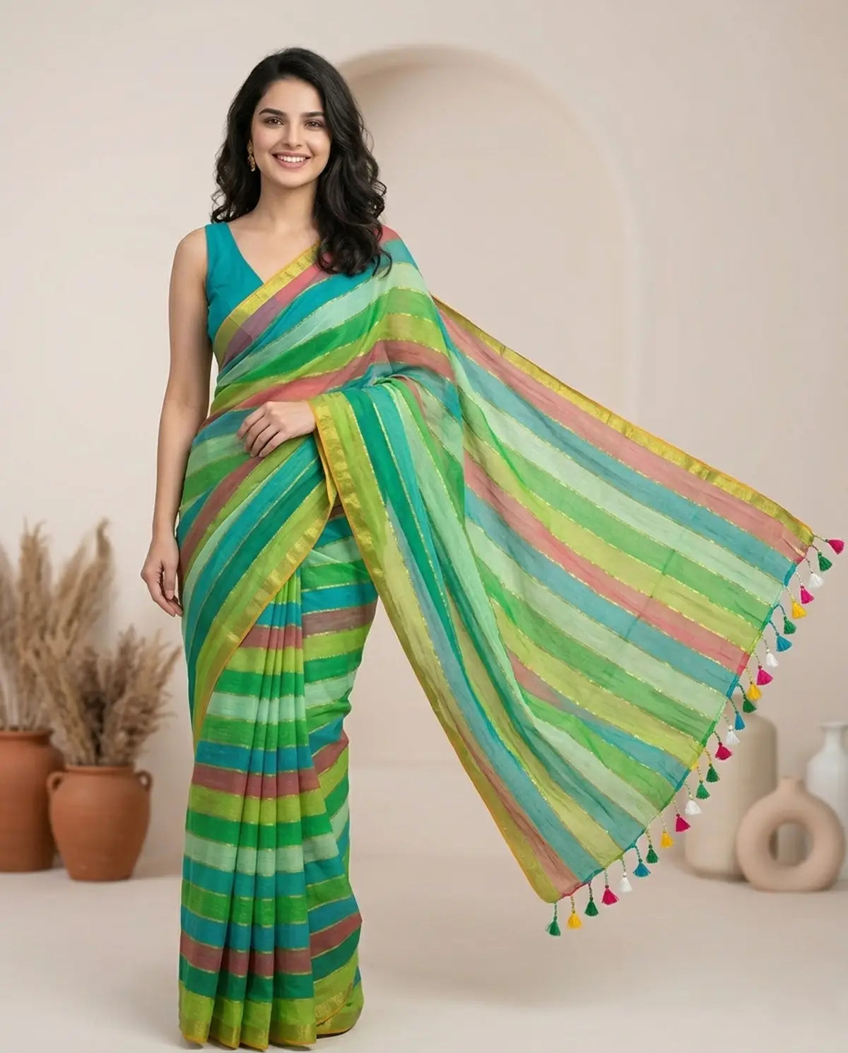 RAINBOW STRIPE GREEN MUL COTTON SAREE