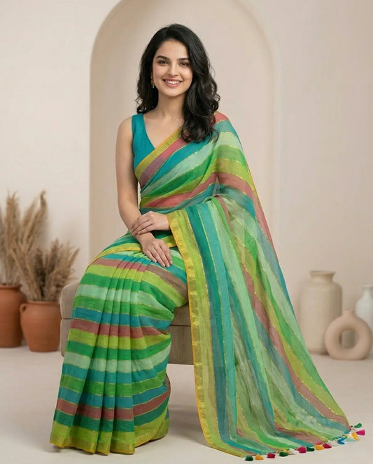 RAINBOW STRIPE GREEN MUL COTTON SAREE