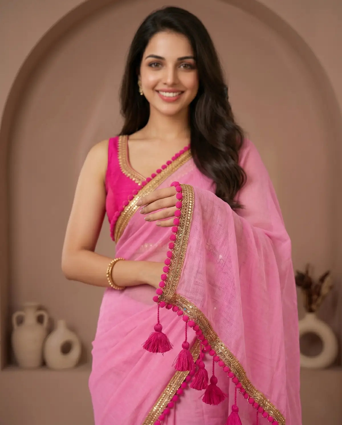 PINK LACE MUL COTTON SAREE