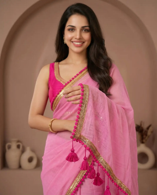 PINK LACE MUL COTTON SAREE