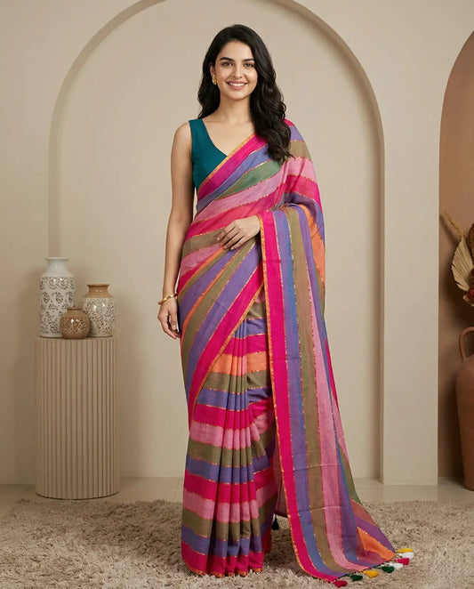 RAINBOW STRIPE PINK MUL COTTON SAREE