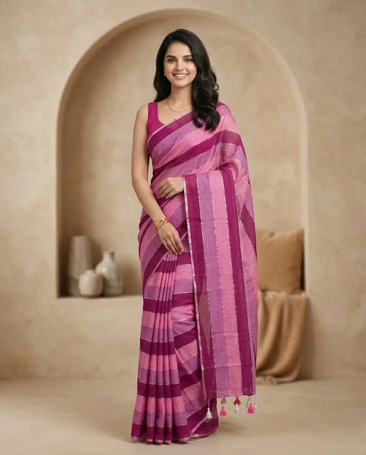 RAINBOW STRIPE PINK MUL COTTON SAREE