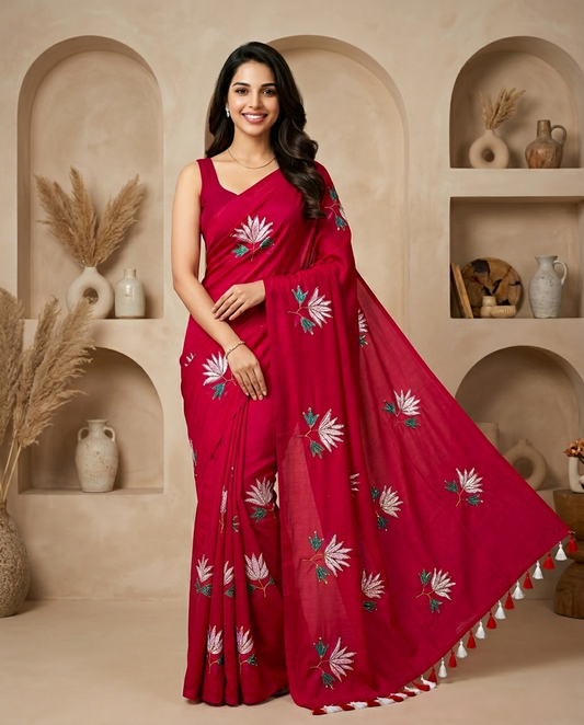 RED LOTUS SITARA MUL COTTON SAREE