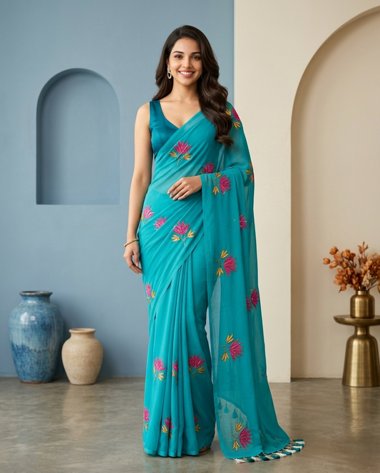 TORQUOISE LOTUS SITARA MUL COTTON SAREE