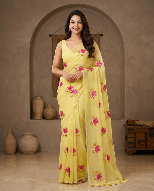 PASTAL YELLOW LOTUS SITARA MUL COTTON SAREE