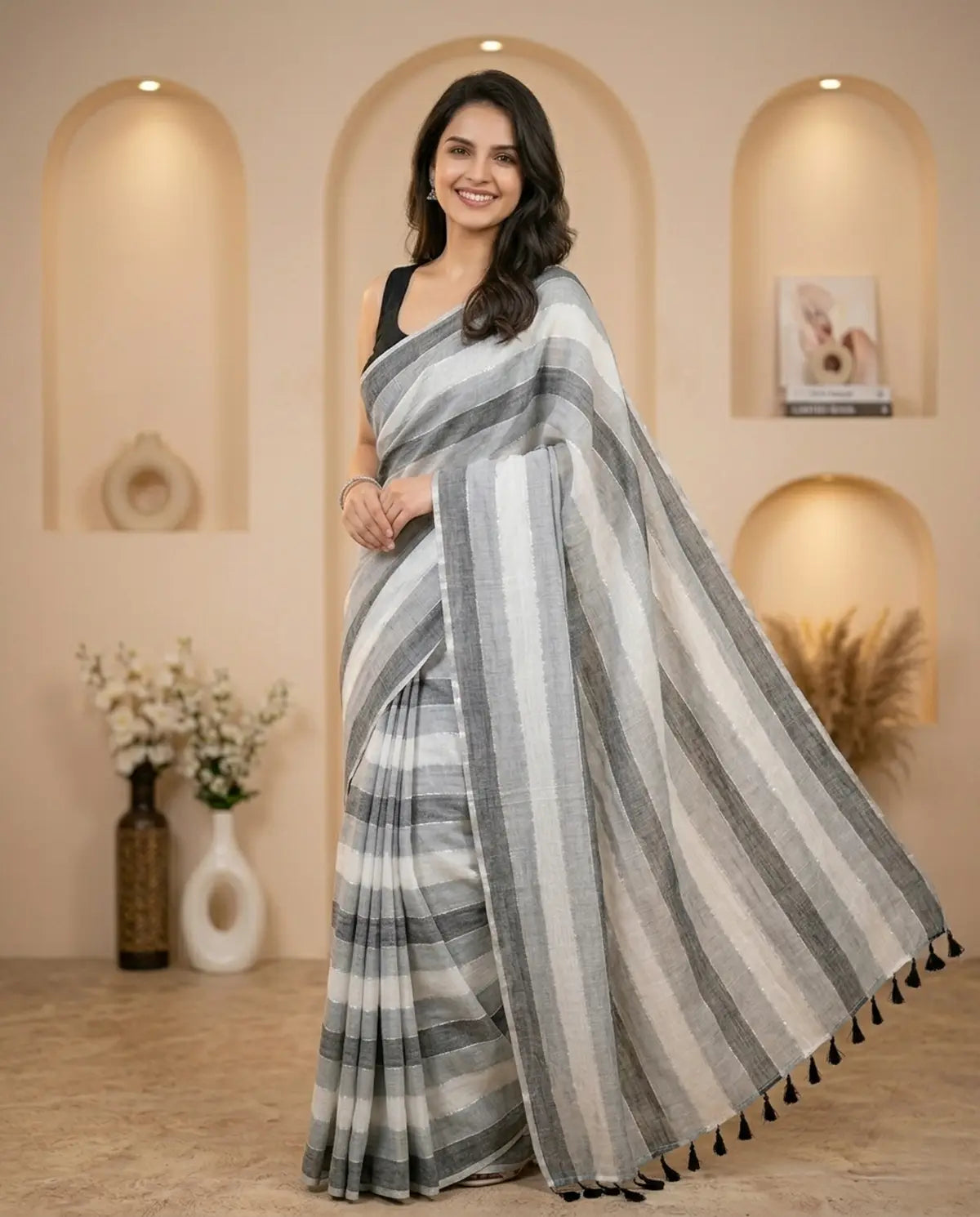 RAINBOW STRIPE GREY COTTON SAREE