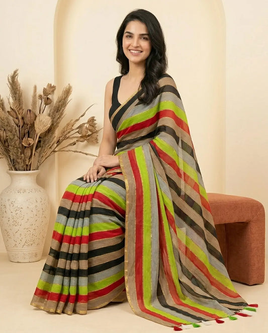 RAINBOW STRIPE GOLDEN MUL COTTON SAREE