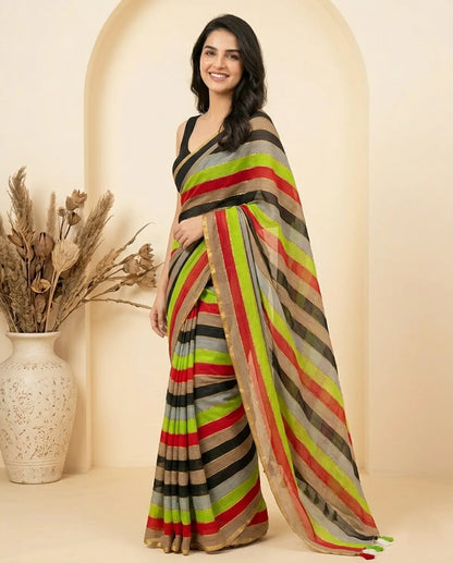 RAINBOW STRIPE GOLDEN MUL COTTON SAREE