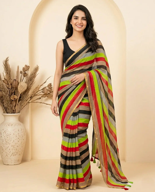 RAINBOW STRIPE GOLDEN MUL COTTON SAREE