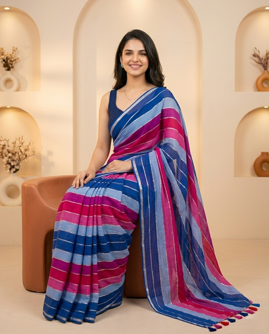 RAINBOW STRIPE PURPLE MUL COTTON SAREE