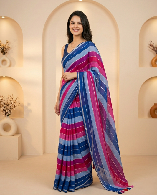 RAINBOW STRIPE PURPLE MUL COTTON SAREE
