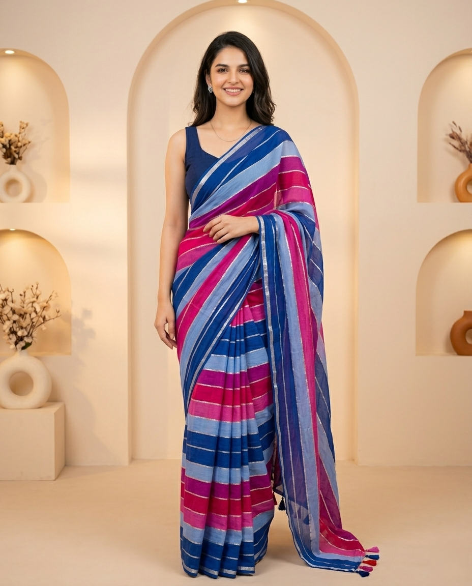 RAINBOW STRIPE PURPLE MUL COTTON SAREE