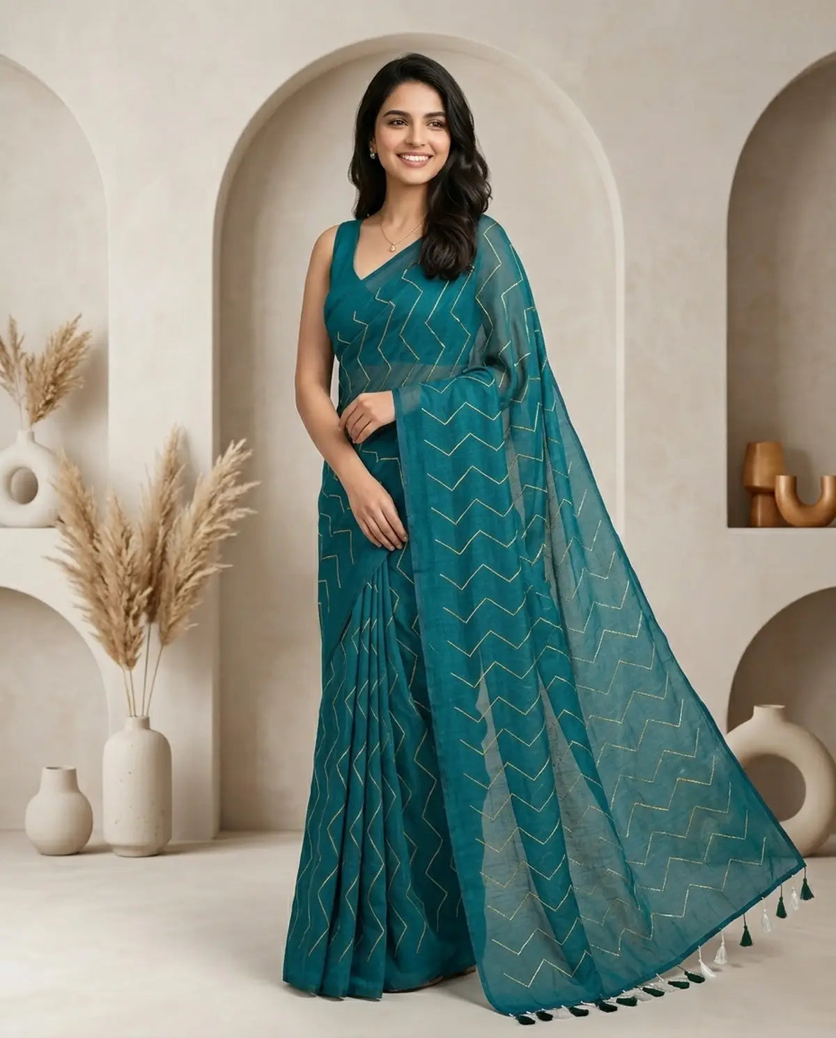 TEAL GREEN ZIG ZAG MUL COTTON SAREE