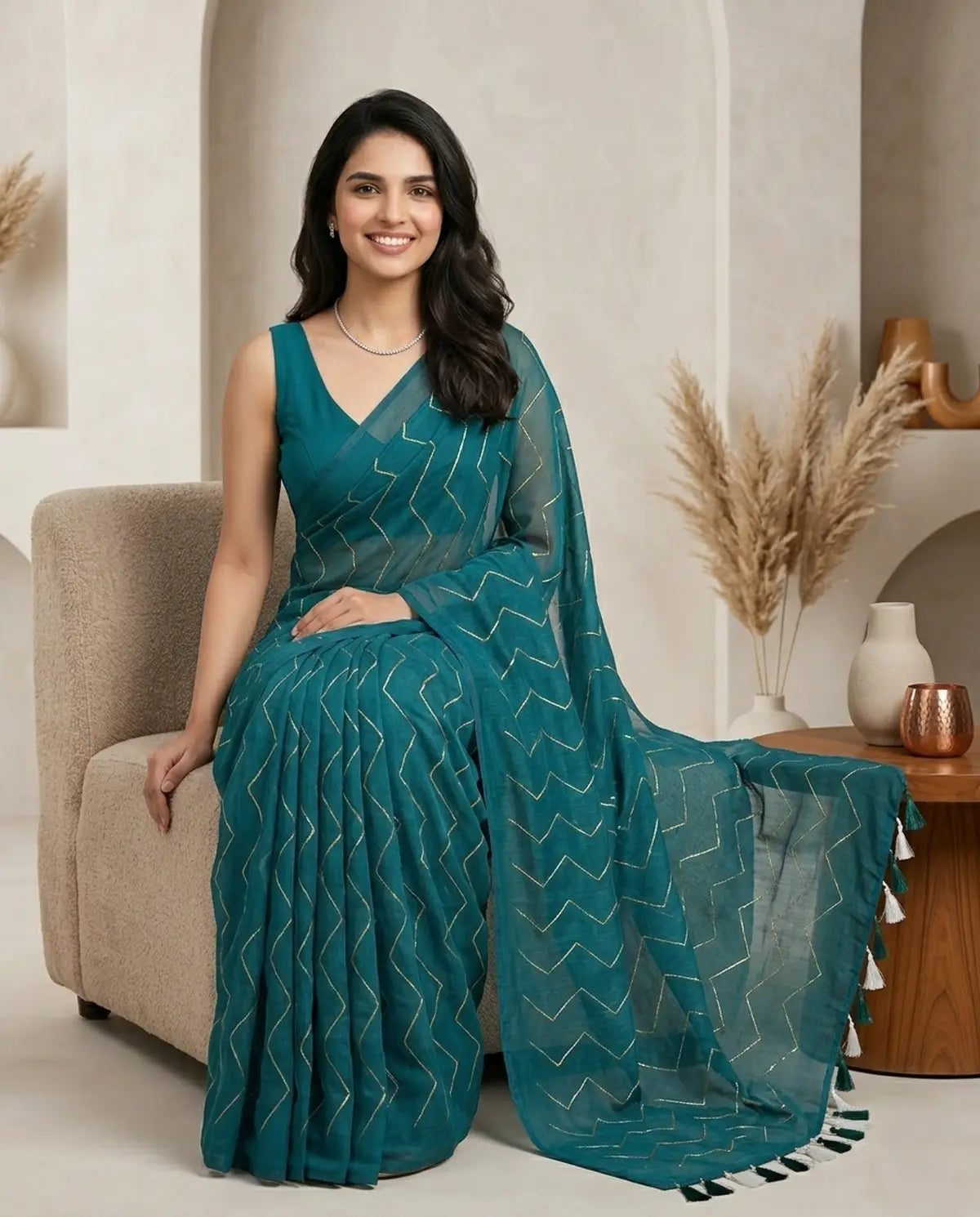TEAL GREEN ZIG ZAG MUL COTTON SAREE