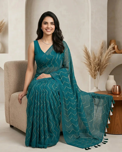 TEAL GREEN ZIG ZAG MUL COTTON SAREE