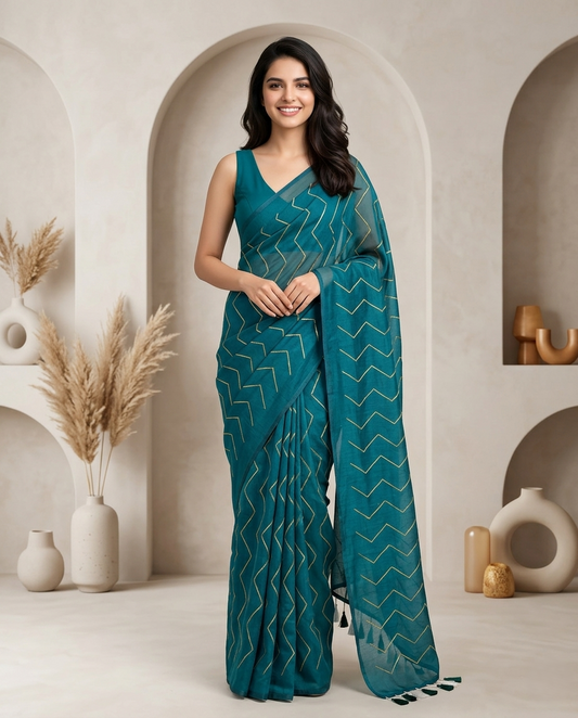 TEAL GREEN ZIG ZAG MUL COTTON SAREE