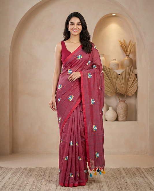 BROWN LOTUS EMBROIDERED MUL COTTON SAREE
