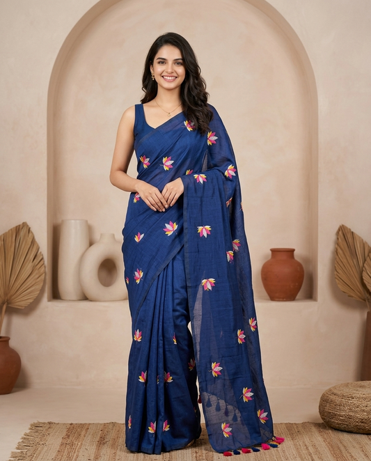 BLUE LOTUS EMBROIDERED MUL COTTON SAREE