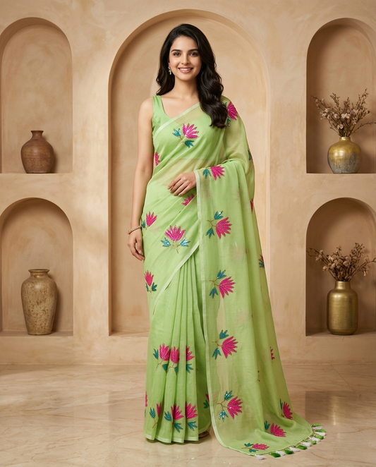 PISTA GREEN LOTUS SITARA MUL COTTON SAREE