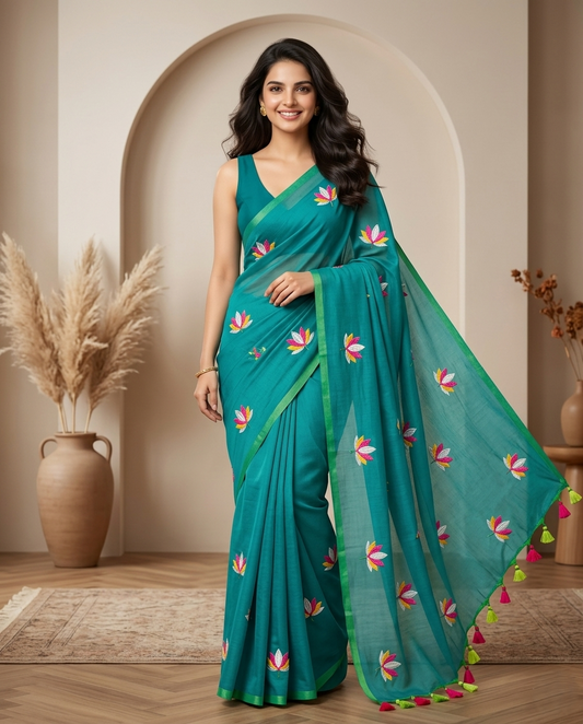 SEA GREEN LOTUS EMBROIDERED MUL COTTON SAREE