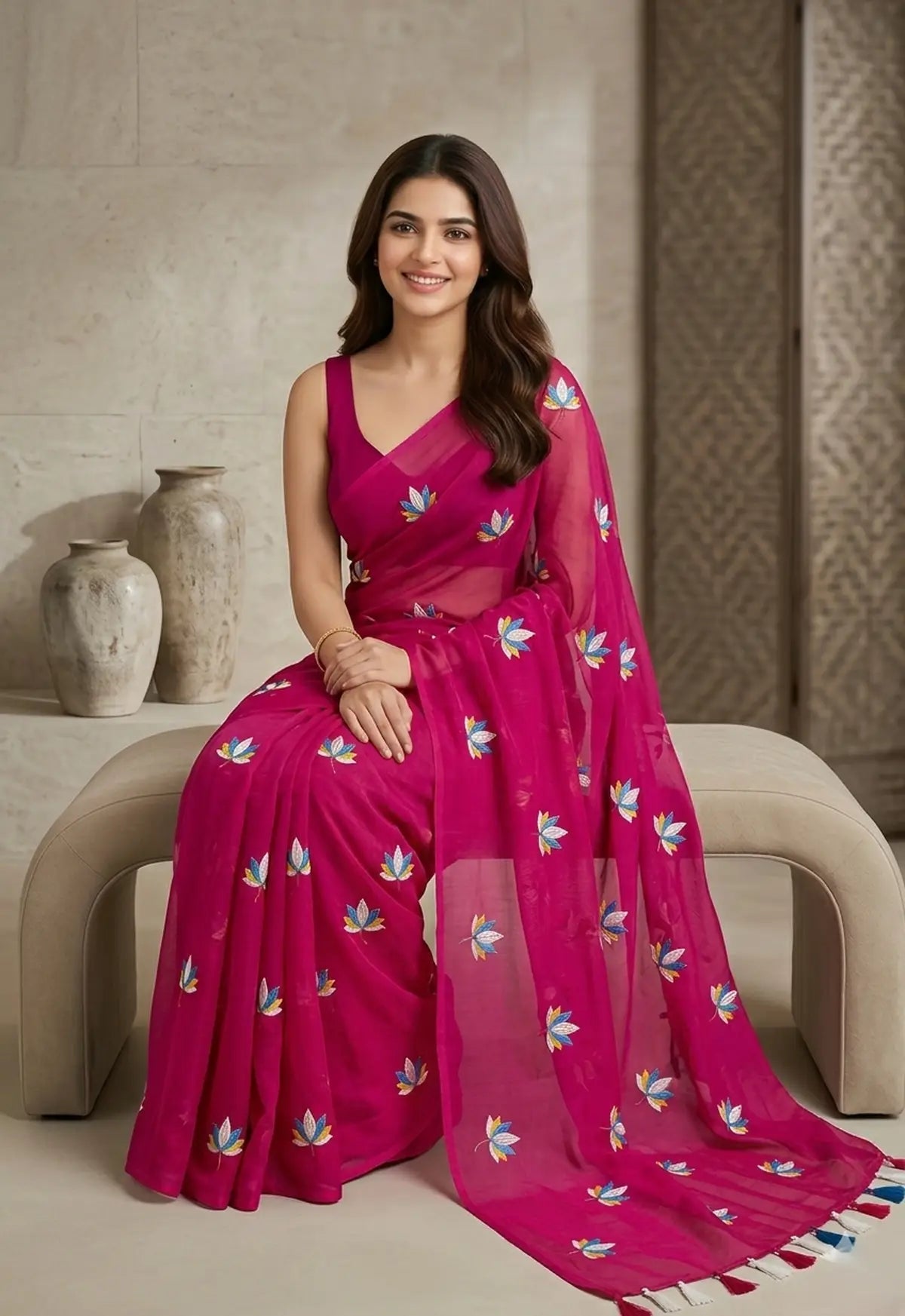 PINK LOTUS EMBROIDERED MUL COTTON SAREE