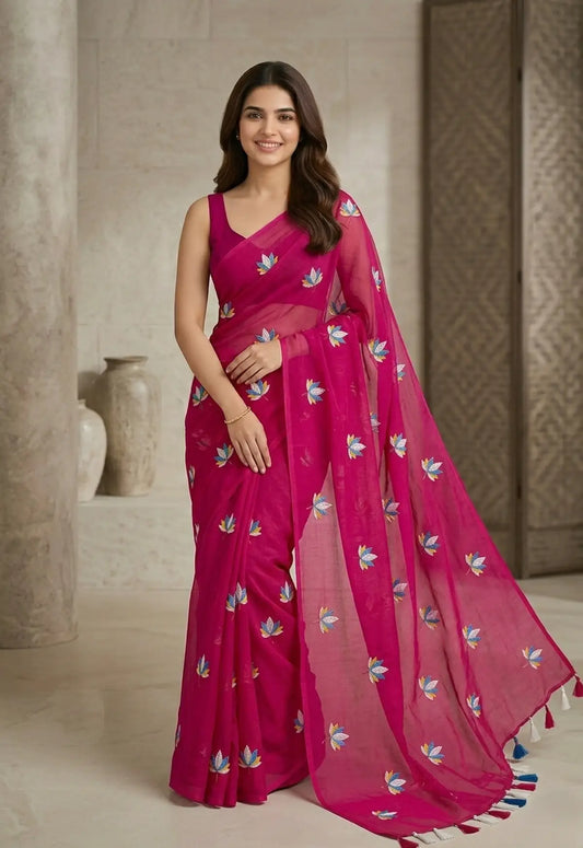 PINK LOTUS EMBROIDERED MUL COTTON SAREE