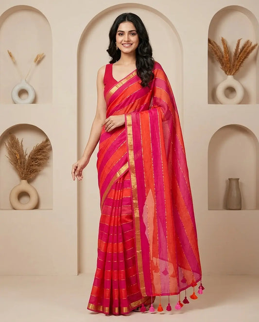 RAINBOW STRIPE RED MUL COTTON SAREE
