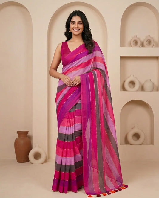 RAINBOW STRIPE PINK AND GREY MUL COTTON SAREE