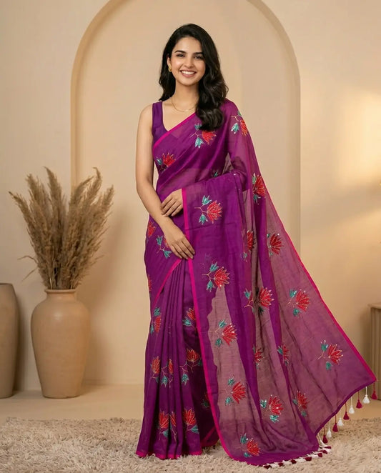 PURPLE LOTUS SITARA MUL COTTON SAREE