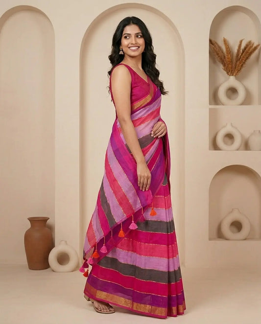RAINBOW STRIPE PINK AND GREY MUL COTTON SAREE