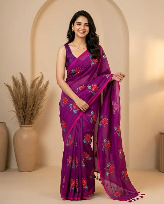 PURPLE LOTUS SITARA MUL COTTON SAREE