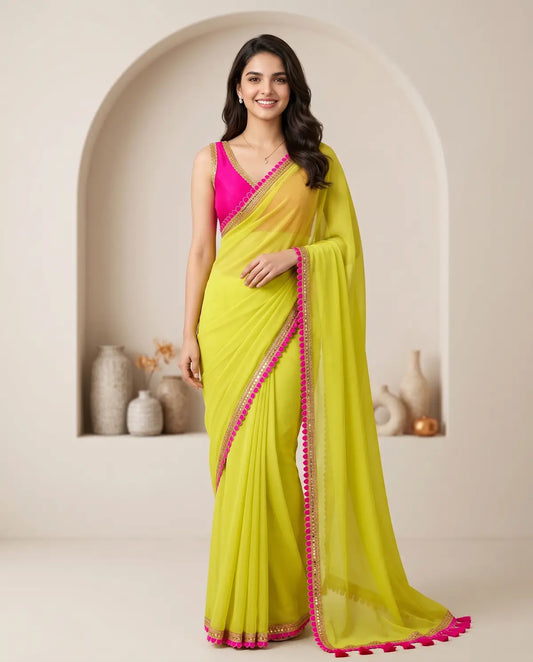 PARROT GREEN LACE MUL COTTON SAREE