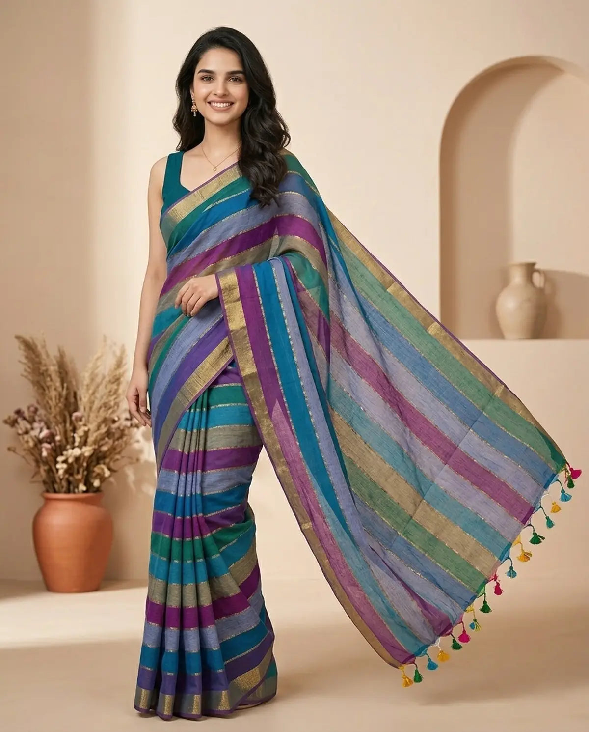 RAINBOW STRIPE BLUE MUL COTTON SAREE