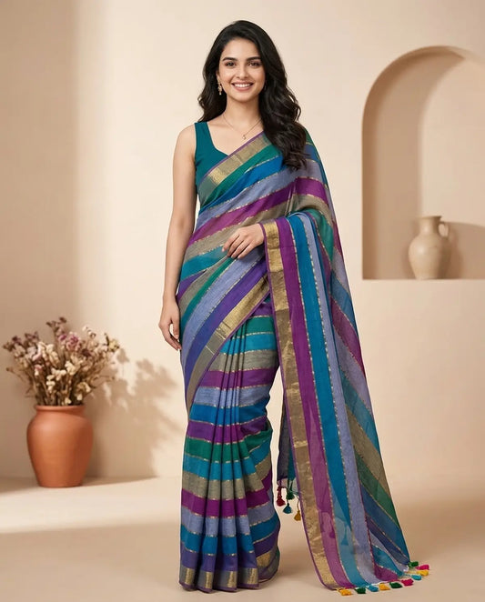 RAINBOW STRIPE BLUE MUL COTTON SAREE
