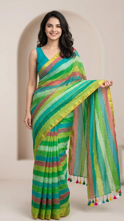 RAINBOW STRIPE GREEN MUL COTTON SAREE