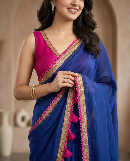 BLUE LACE MUL COTTON SAREE