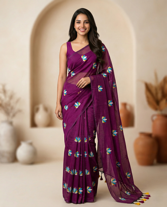 PURPLE LOTUS EMBROIDERED MUL COTTON SAREE