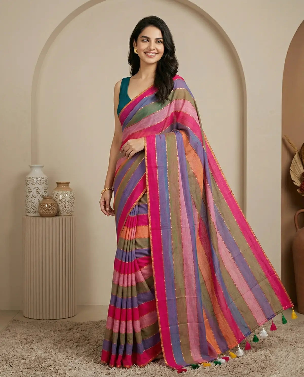 RAINBOW STRIPE PINK MUL COTTON SAREE
