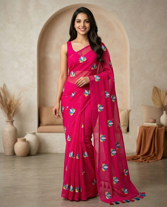 PINK LOTUS EMBROIDERED MUL COTTON SAREE