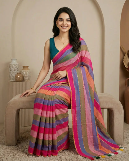 RAINBOW STRIPE PINK MUL COTTON SAREE