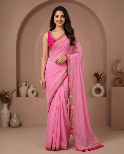 PINK LACE MUL COTTON SAREE